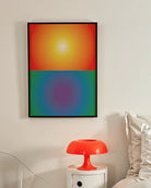 A framed poster with an abstract prideflag in two separate blocks, retro style.