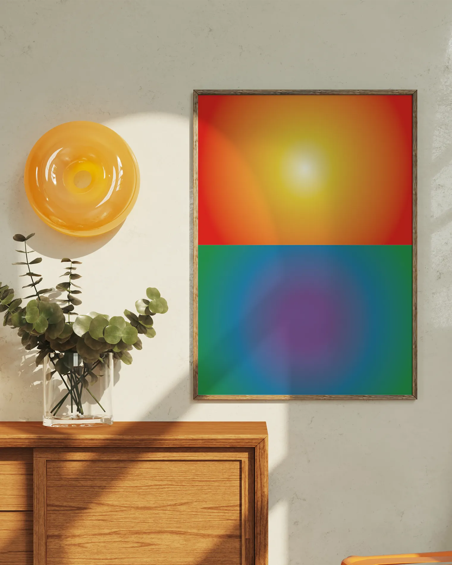 A framed poster with an abstract prideflag in two separate blocks, retro style.