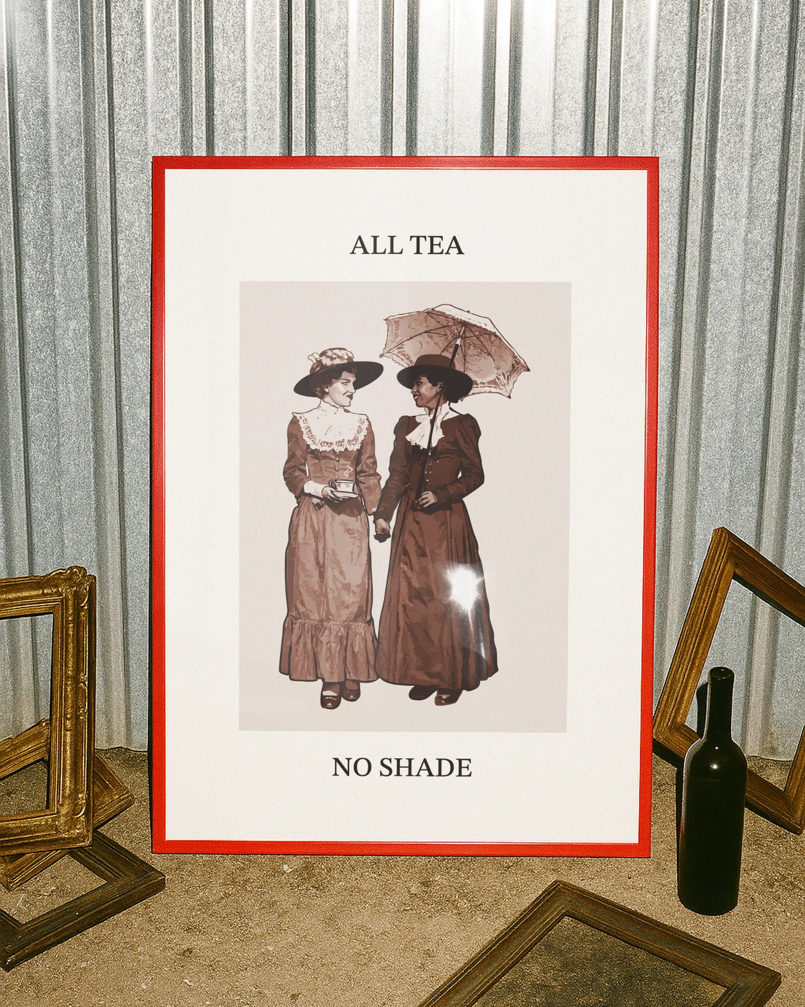 A poster with two sapphic ladies, walking together, holding hands under an umbrella, drinking tea with the text 'All Tea No Shade'.