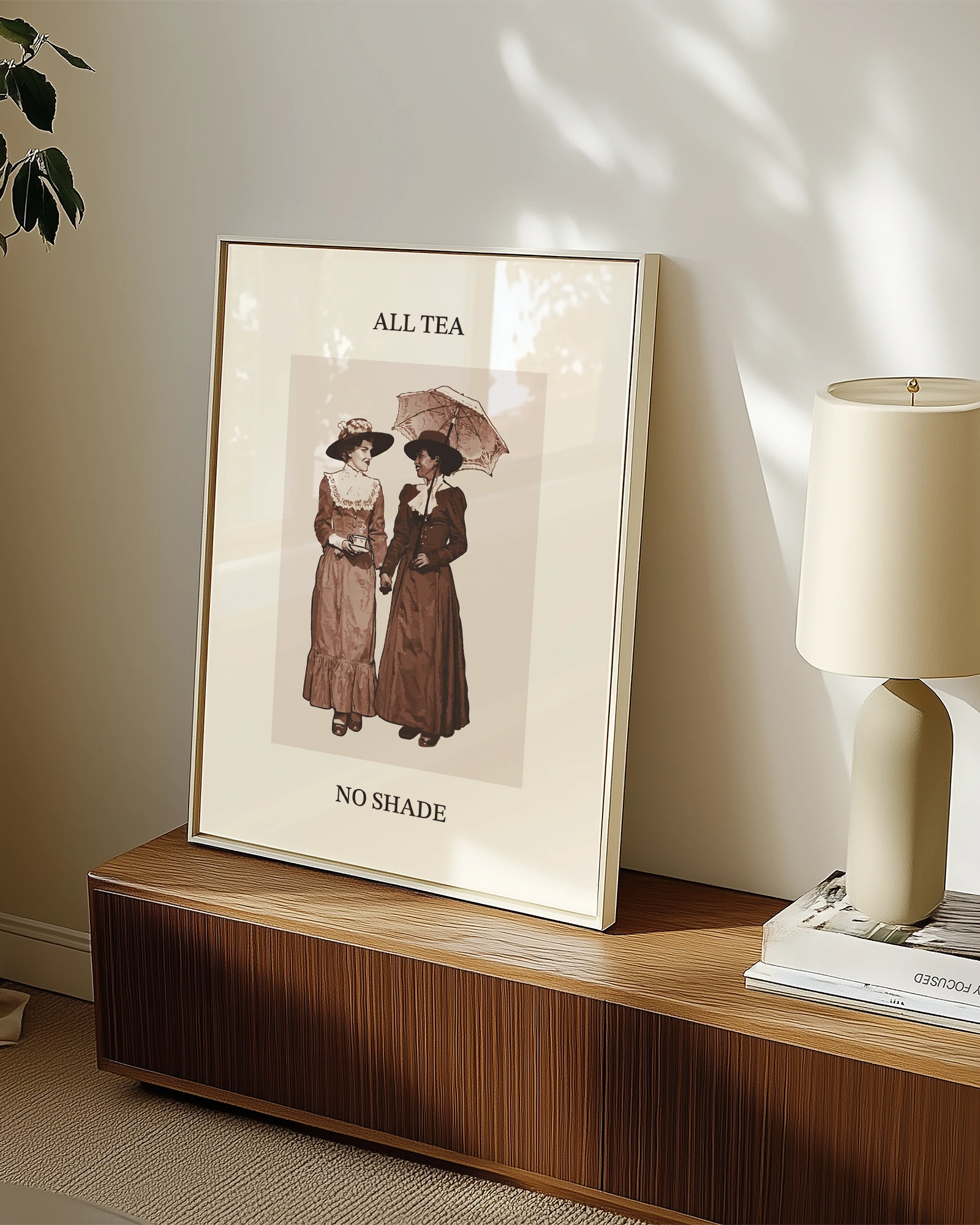 A poster with two sapphic ladies, walking together, holding hands under an umbrella, drinking tea with the text 'All Tea No Shade'.