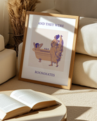 An illustrated poster featuring a woman lying in a bathtub, while another woman undresses to join her, with the text 'AND THEY WERE ROOMMATES'.