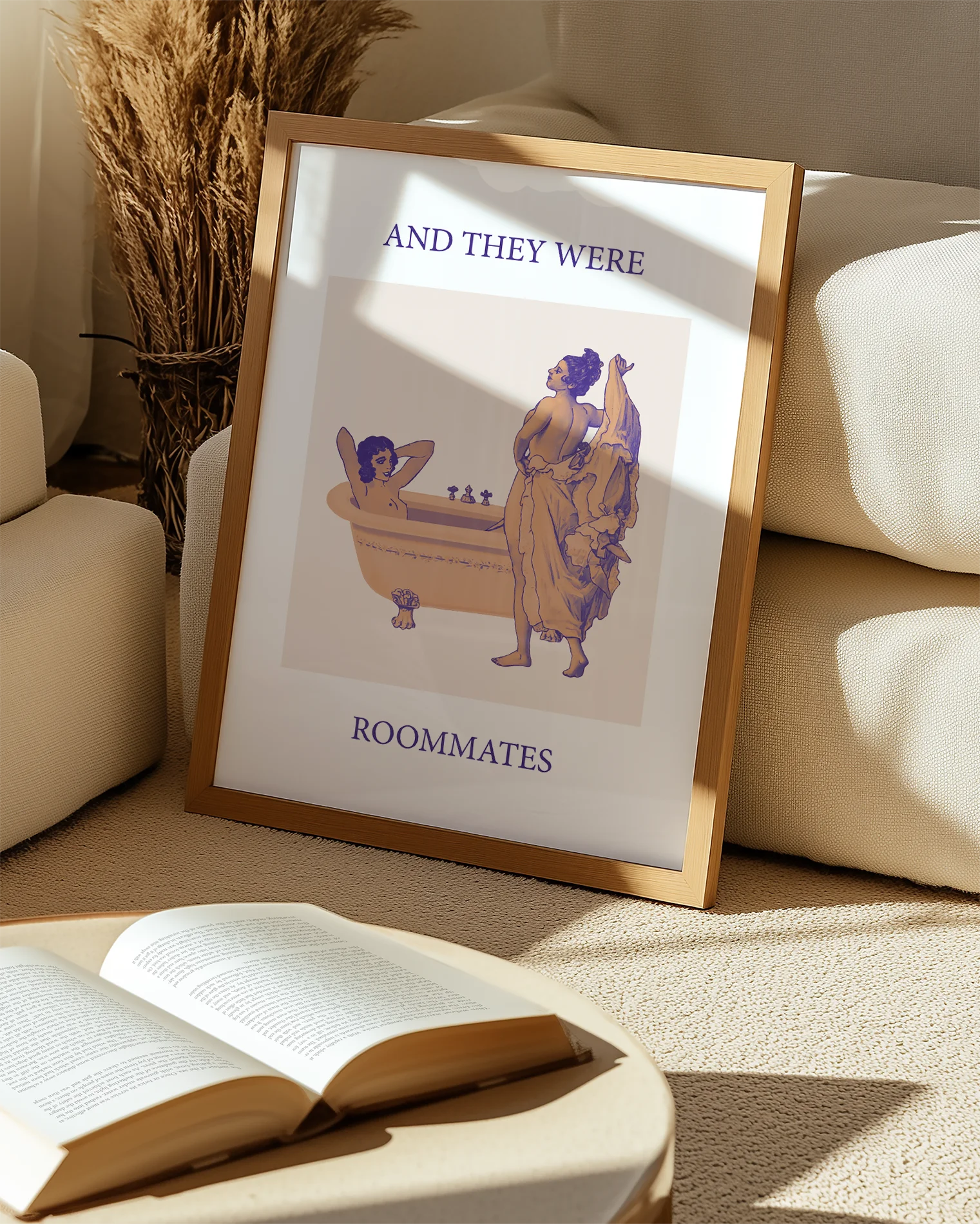 An illustrated poster featuring a woman lying in a bathtub, while another woman undresses to join her, with the text 'AND THEY WERE ROOMMATES'.