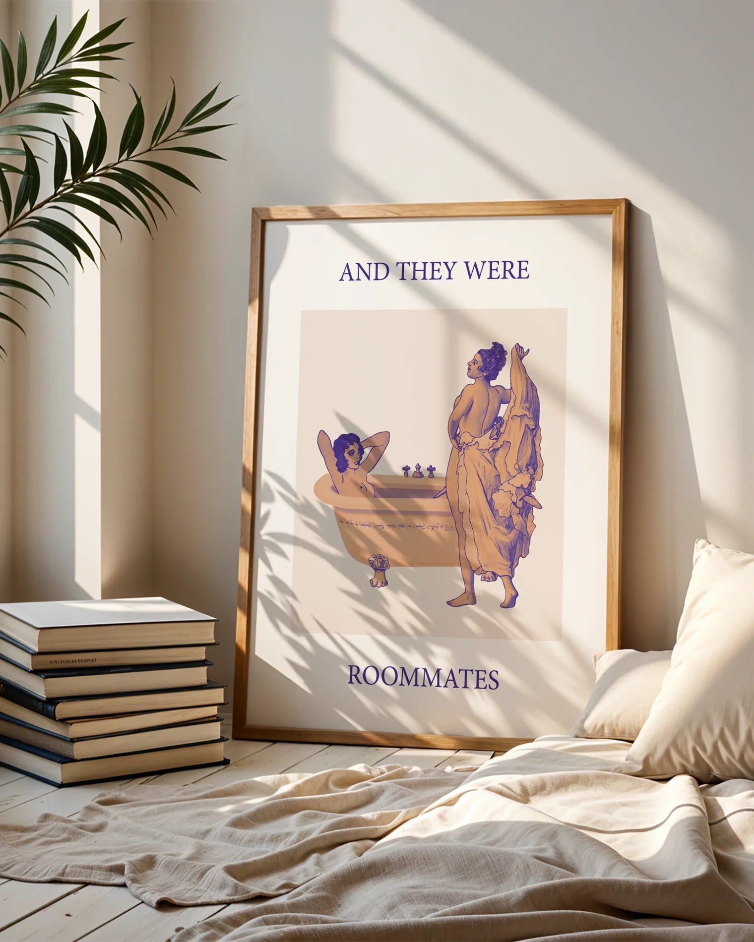 An illustrated poster featuring a woman lying in a bathtub, while another woman undresses to join her, with the text 'AND THEY WERE ROOMMATES'.