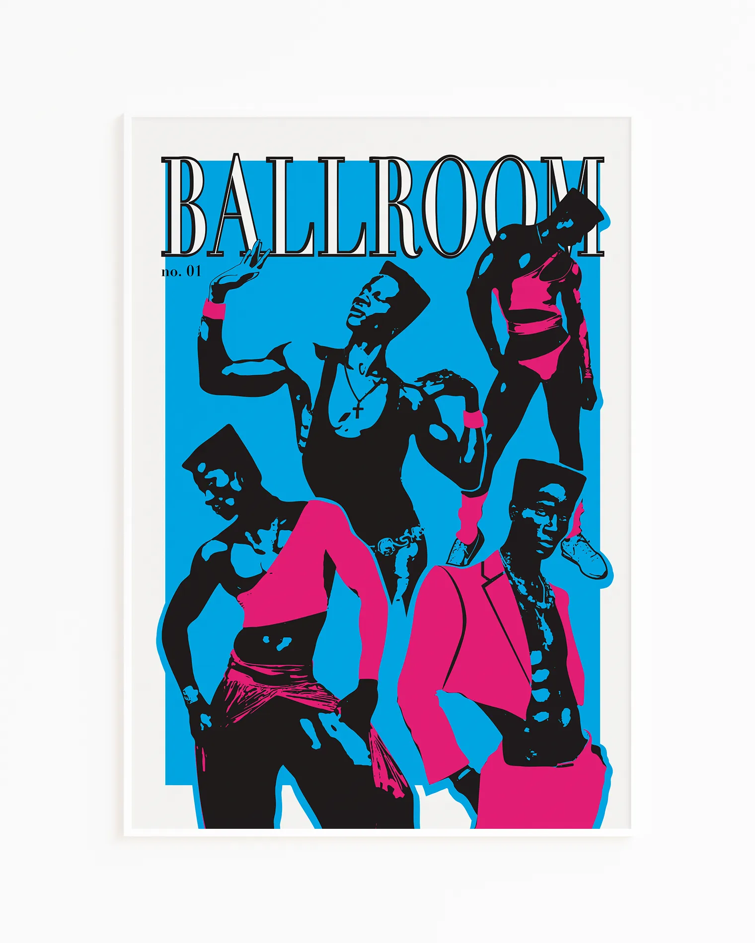 A print with four graphic illustrated queer men in pink clothes, with the text 'Ballroom no.01', against a blue background.