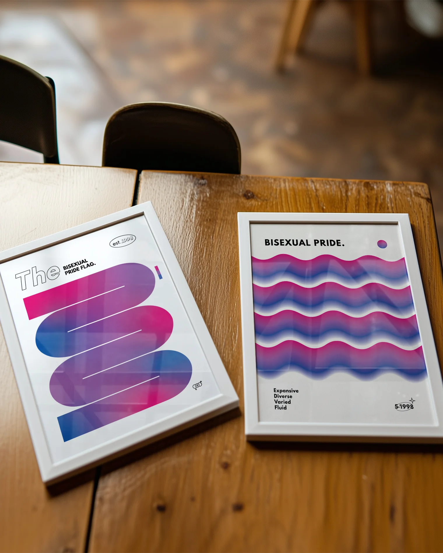 A print with the bisexual pride flag in soft waves, with the text 'BISEXUAL PRIDE'.