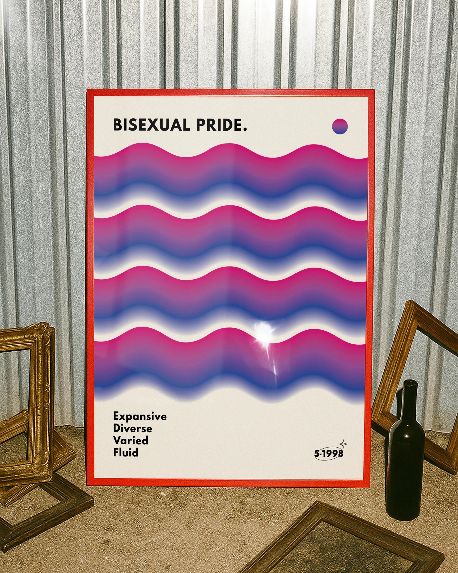 A print with the bisexual pride flag in soft waves, with the text 'BISEXUAL PRIDE'.