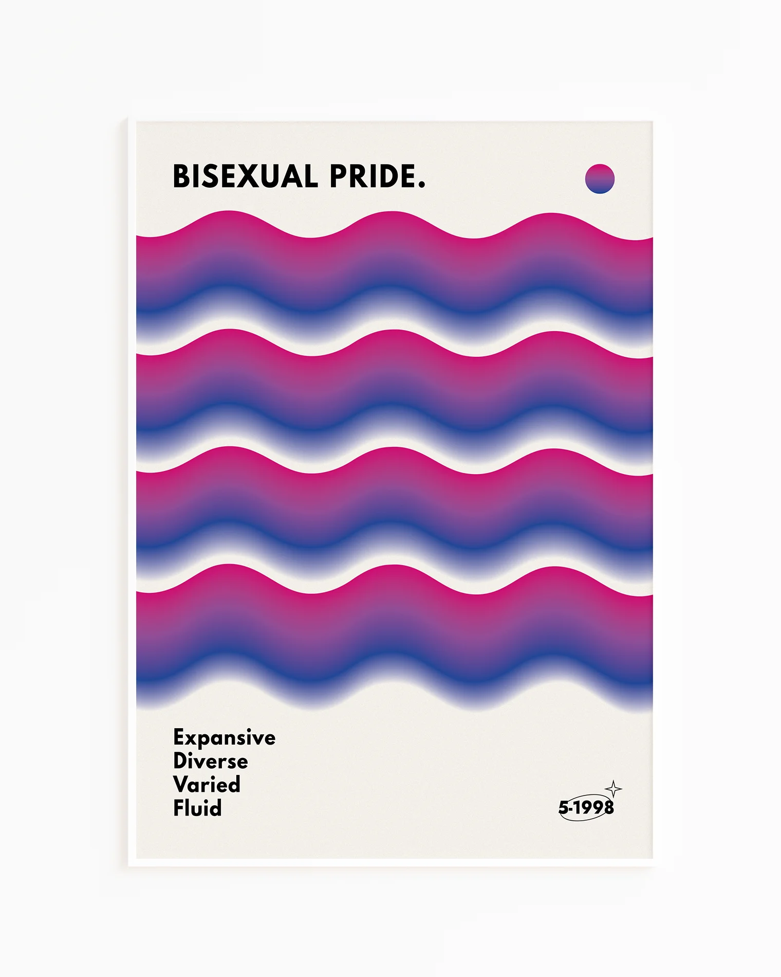 A print with the bisexual pride flag in soft waves, with the text 'BISEXUAL PRIDE'.