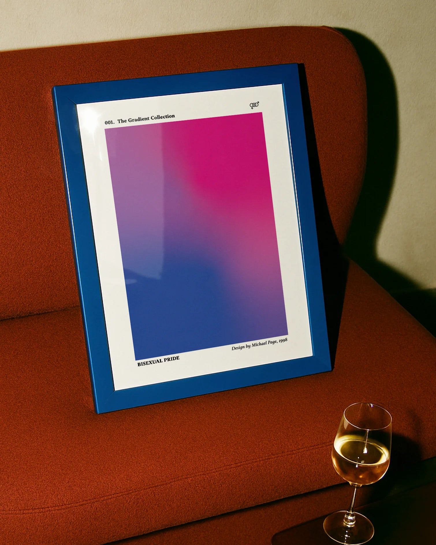 A print with a gradient bisexual flag, abstract and minimalistic design.
