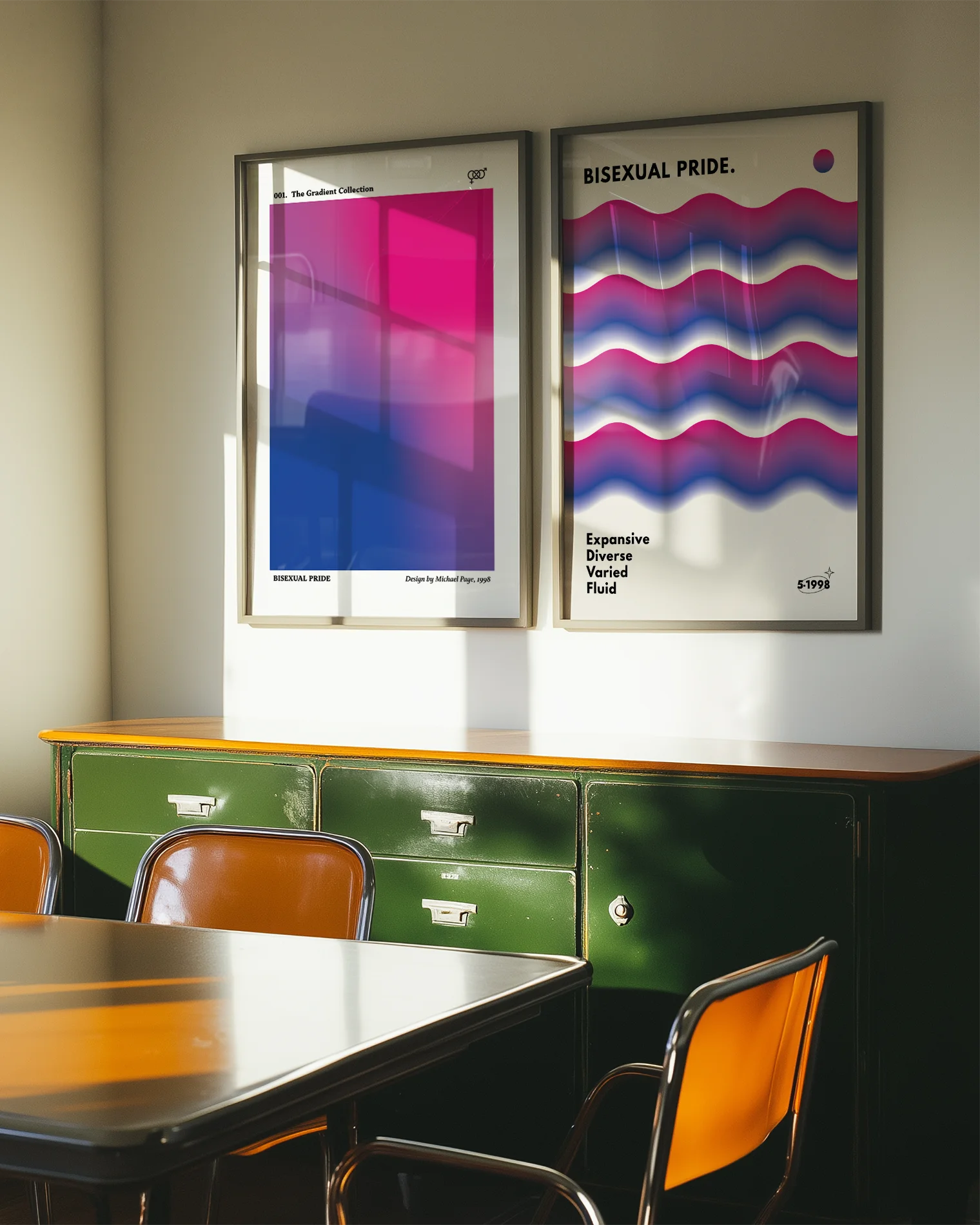 A print with a gradient bisexual flag, abstract and minimalistic design.