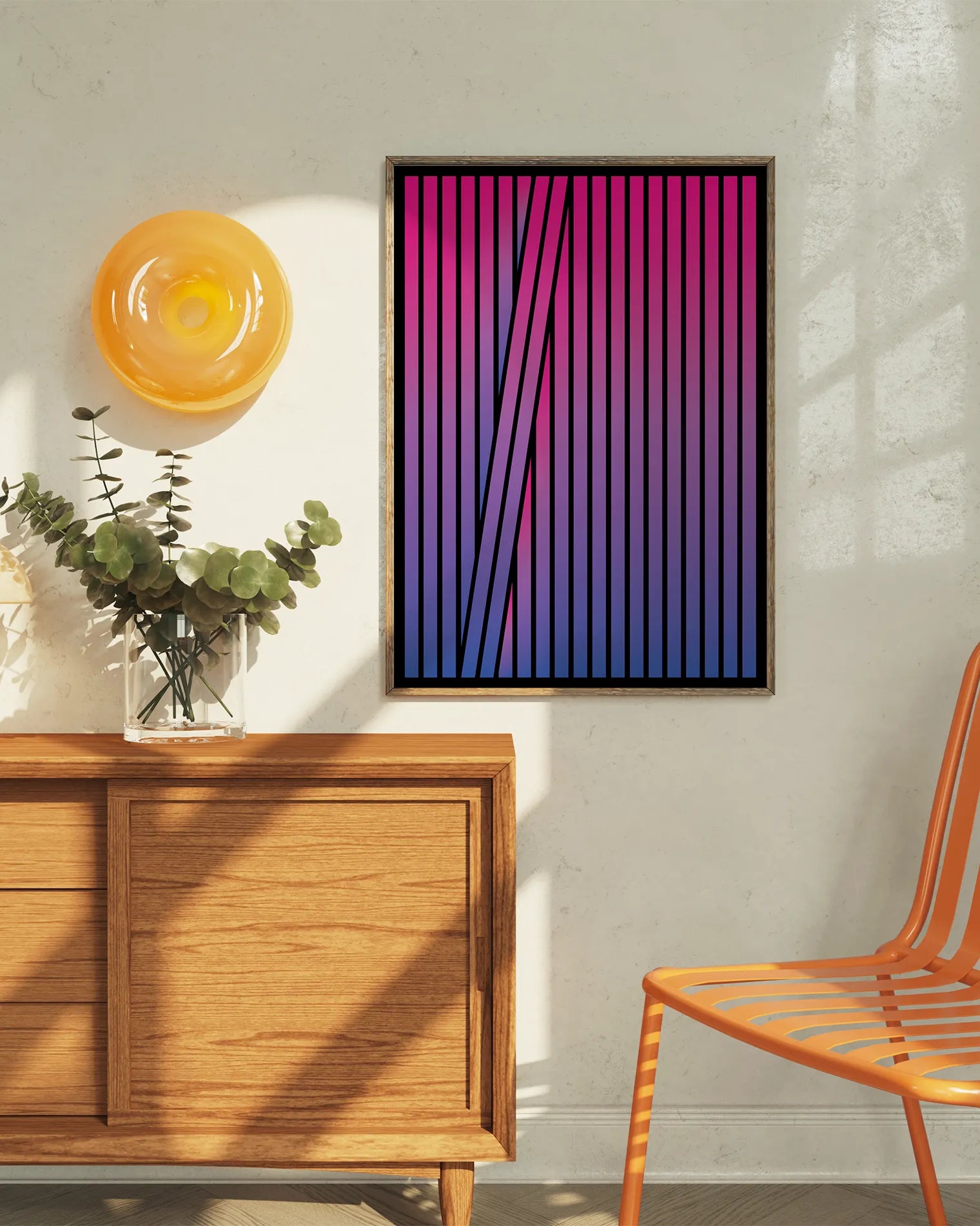 A framed poster with an abstract bisexual flag formed in stripes.