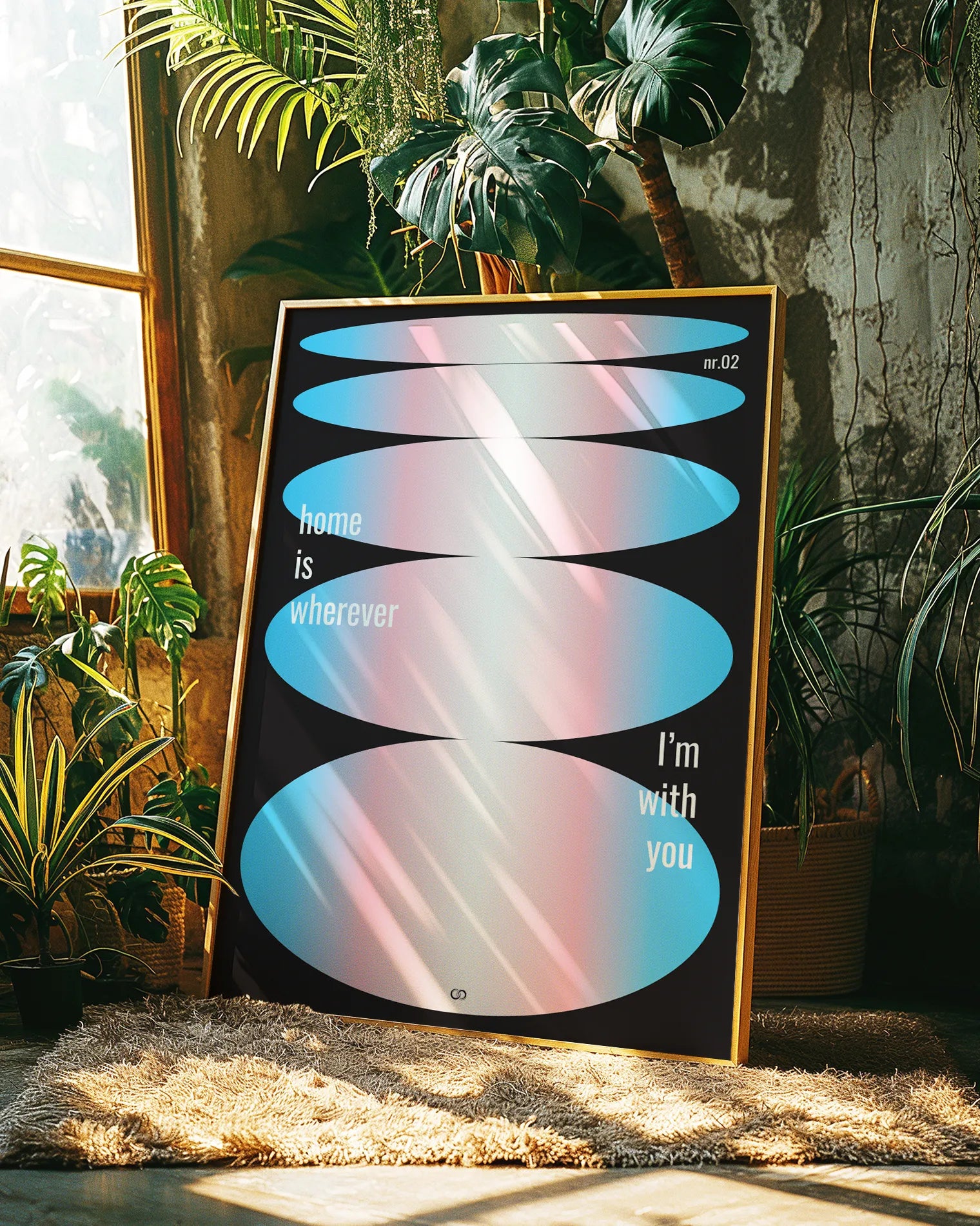 A retro inspired poster with oval forms in trans colours and text 'home is wherever I'm with you'.