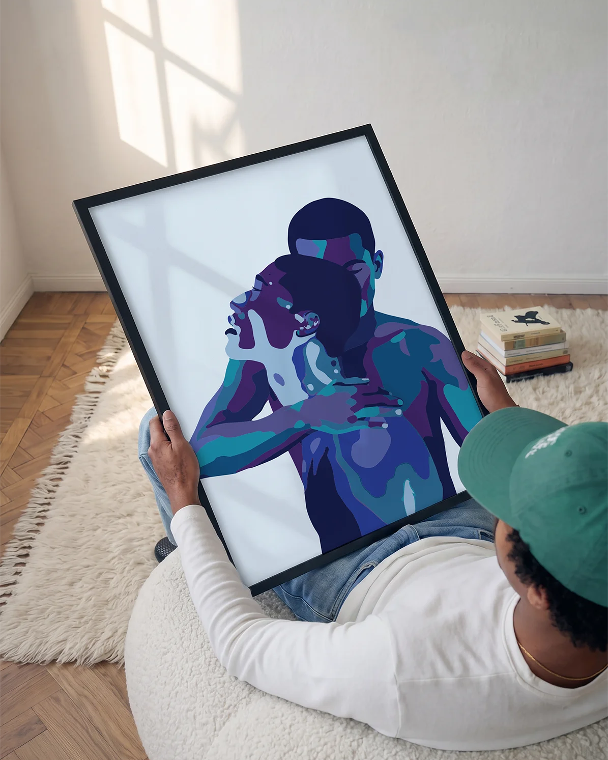 An abstract poster with two men holding each other.