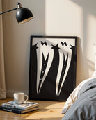 A poster with two illustrated, black suits in a wavy shape, next to each other.