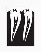 A poster with two illustrated, black suits in a wavy shape, next to each other.