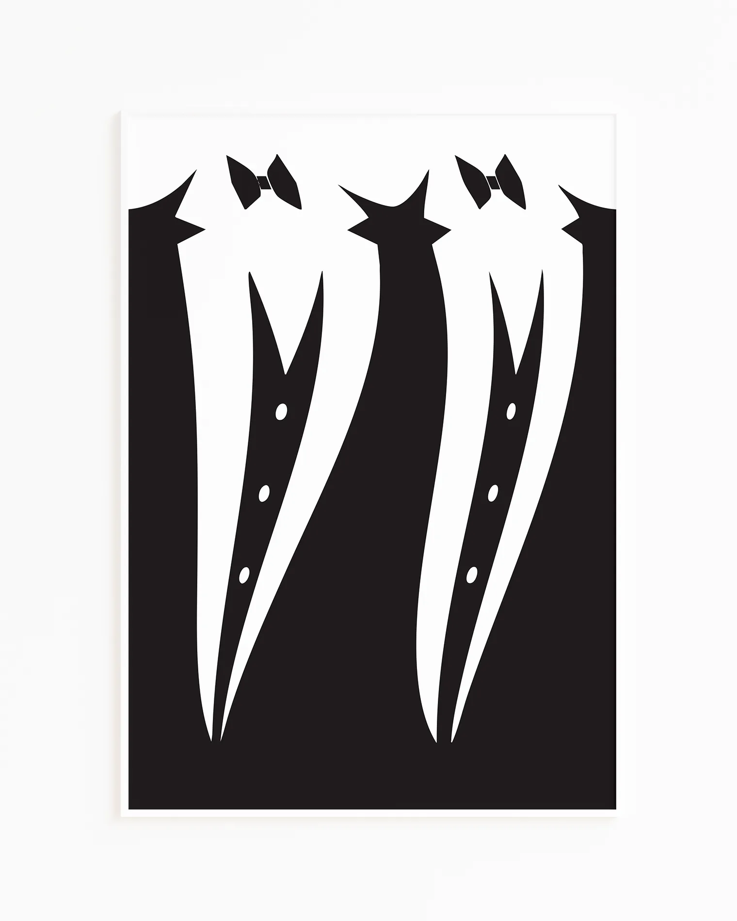 A poster with two illustrated, black suits in a wavy shape, next to each other.