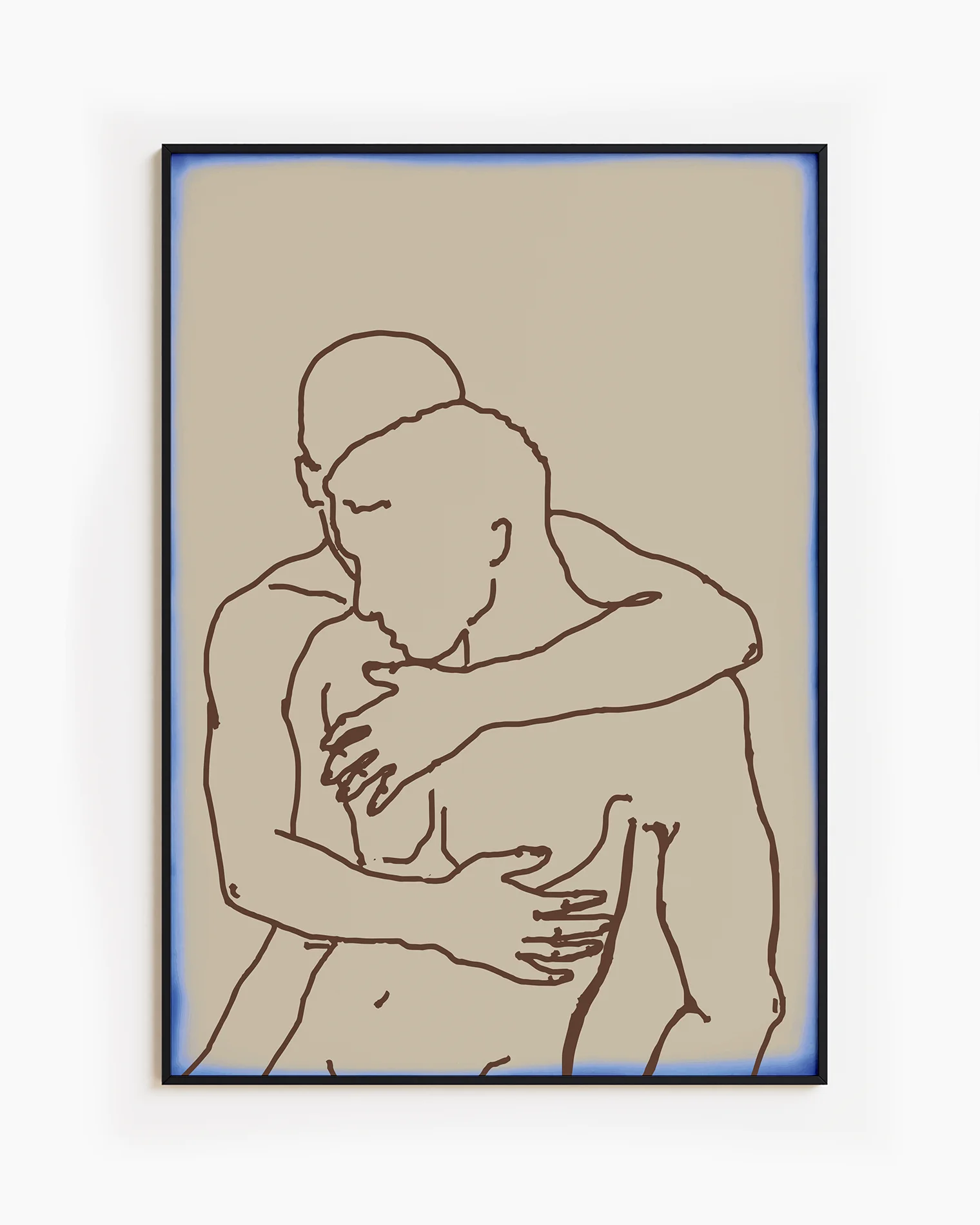 A poster with two naked men hugging each other in a lineart style.