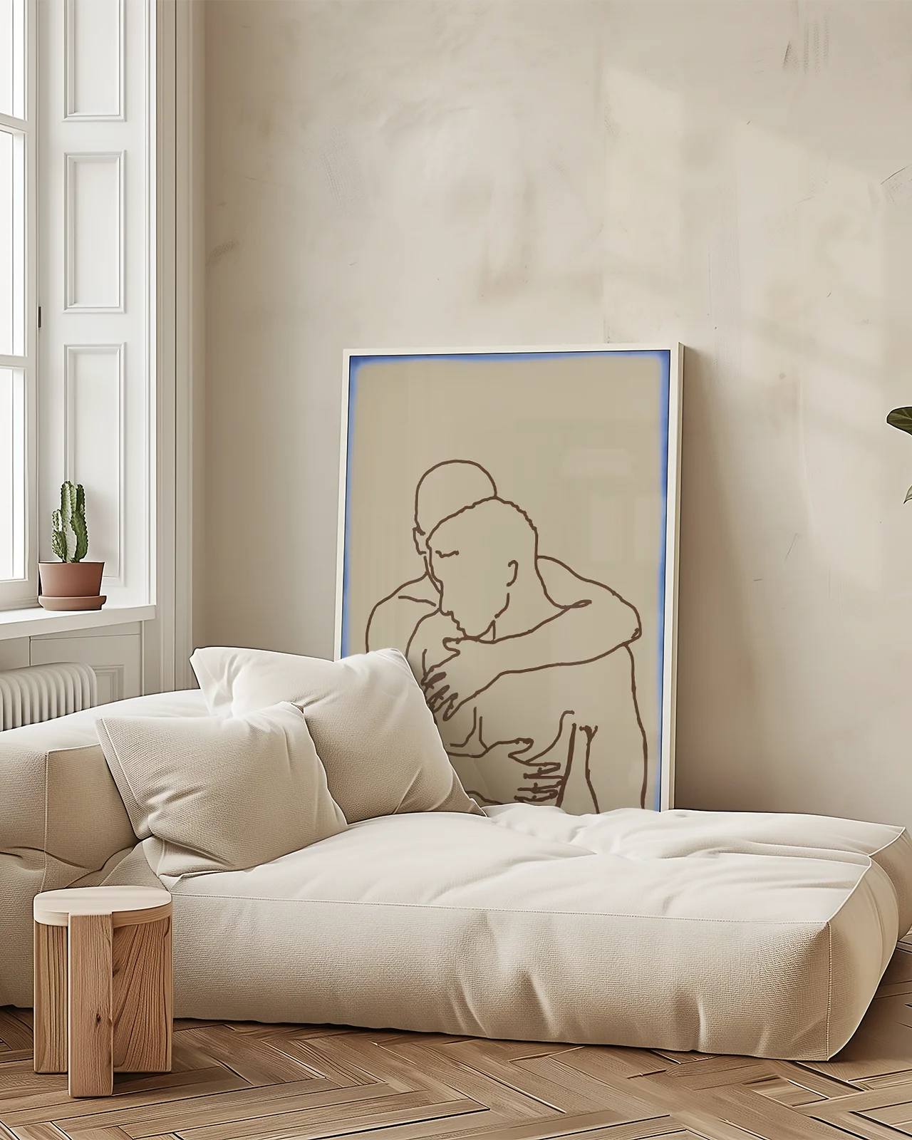 A poster with two naked men hugging each other in a lineart style.