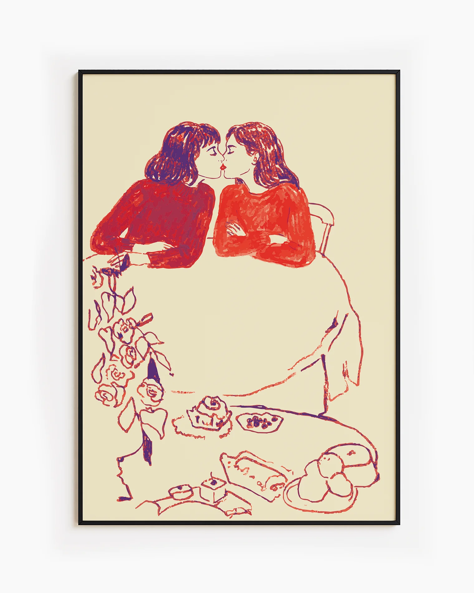 A framed poster with a sketched, lesbian cute couple kissing at a café.