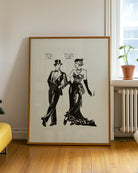 A poster featuring two androgynous characters: a woman dressed in a suit and a man in a dress, exchanging lines:
“Careful, I’m not a man.” “That’s ok, I’m not a woman.”