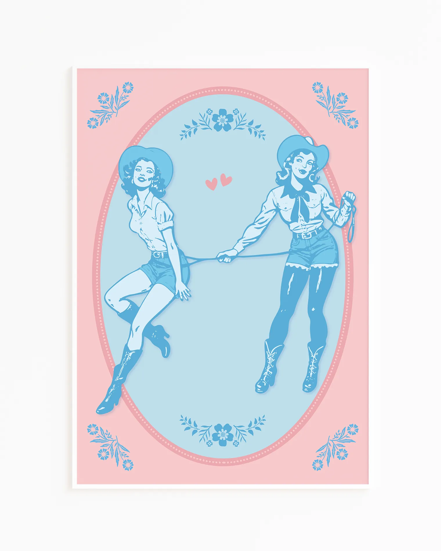A poster with two illustrated cowgirls, catching each other with a lasso.