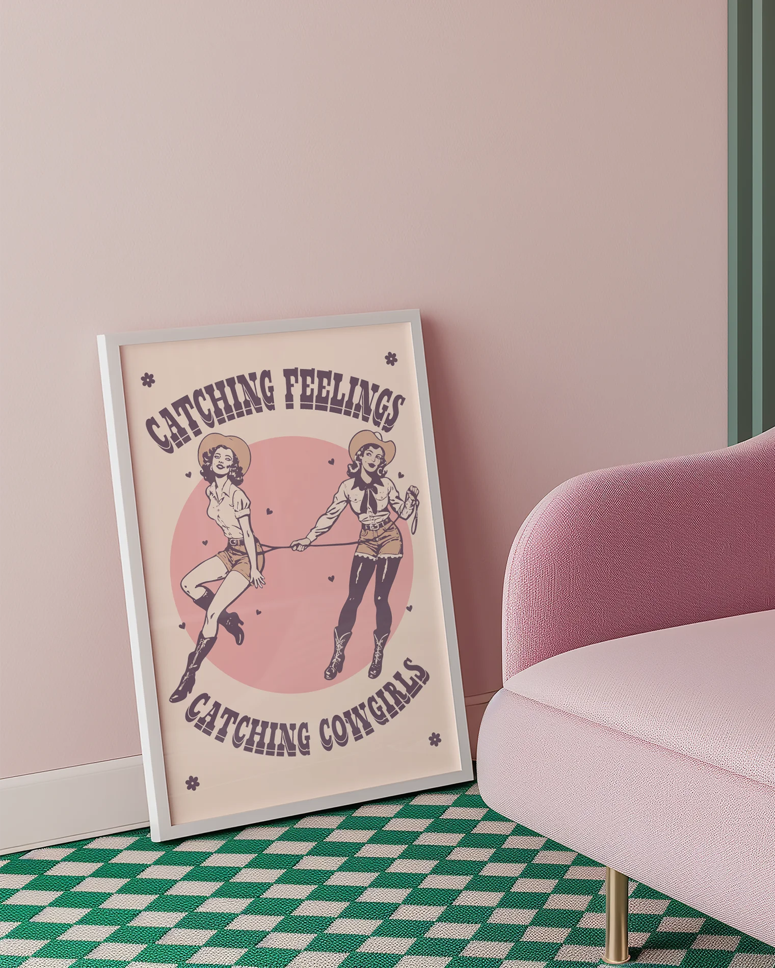 The poster features two illustrated, dreamy retro-style cowgirls capturing each other with a lasso, alongside the text: “Catching Feelings Catching Cowgirls.”