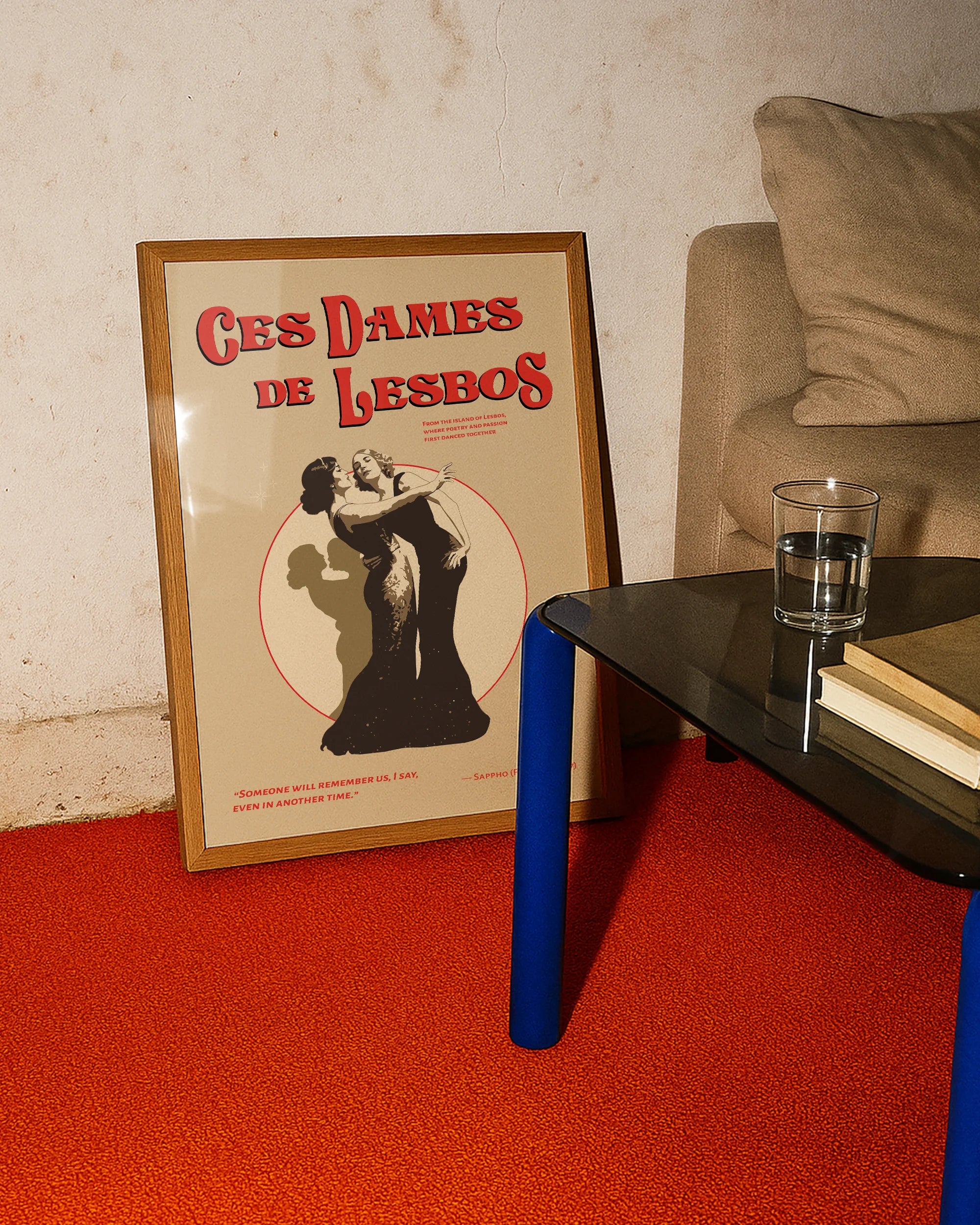 A print with two dancing ladies, with the text 'Ces Dames De Lesbos', inspired from the greek Sappho island.