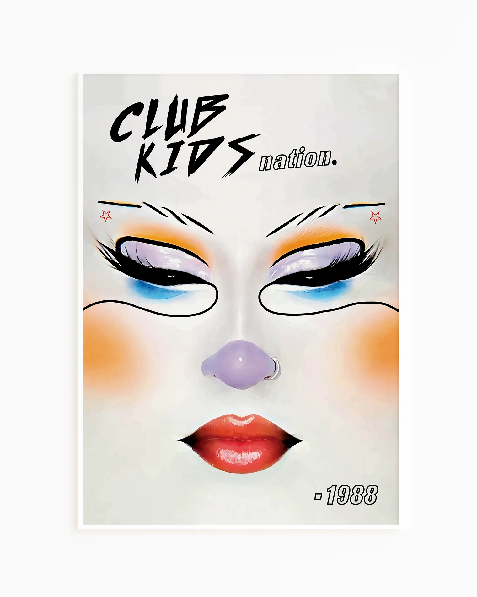 A poster with an illustrated, graphic face of a club kid, with the text 'Club Kids Nation.'