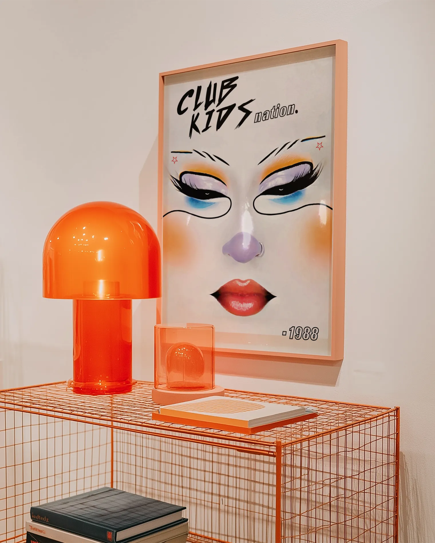 A poster with an illustrated, graphic face of a club kid, with the text 'Club Kids Nation.'