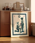 A poster with two cowboys, one cowboy is proposing with a red rose.