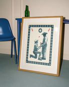 A poster with two cowboys, one cowboy is proposing with a red rose.