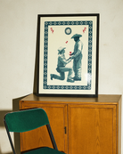 A poster with two cowboys, one cowboy is proposing with a red rose.