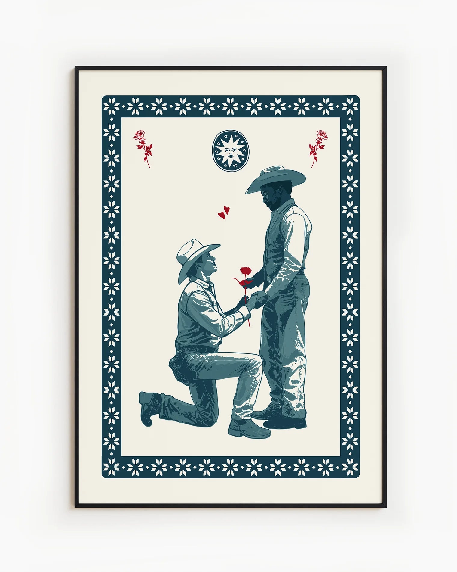 A poster with two cowboys, one cowboy is proposing with a red rose.