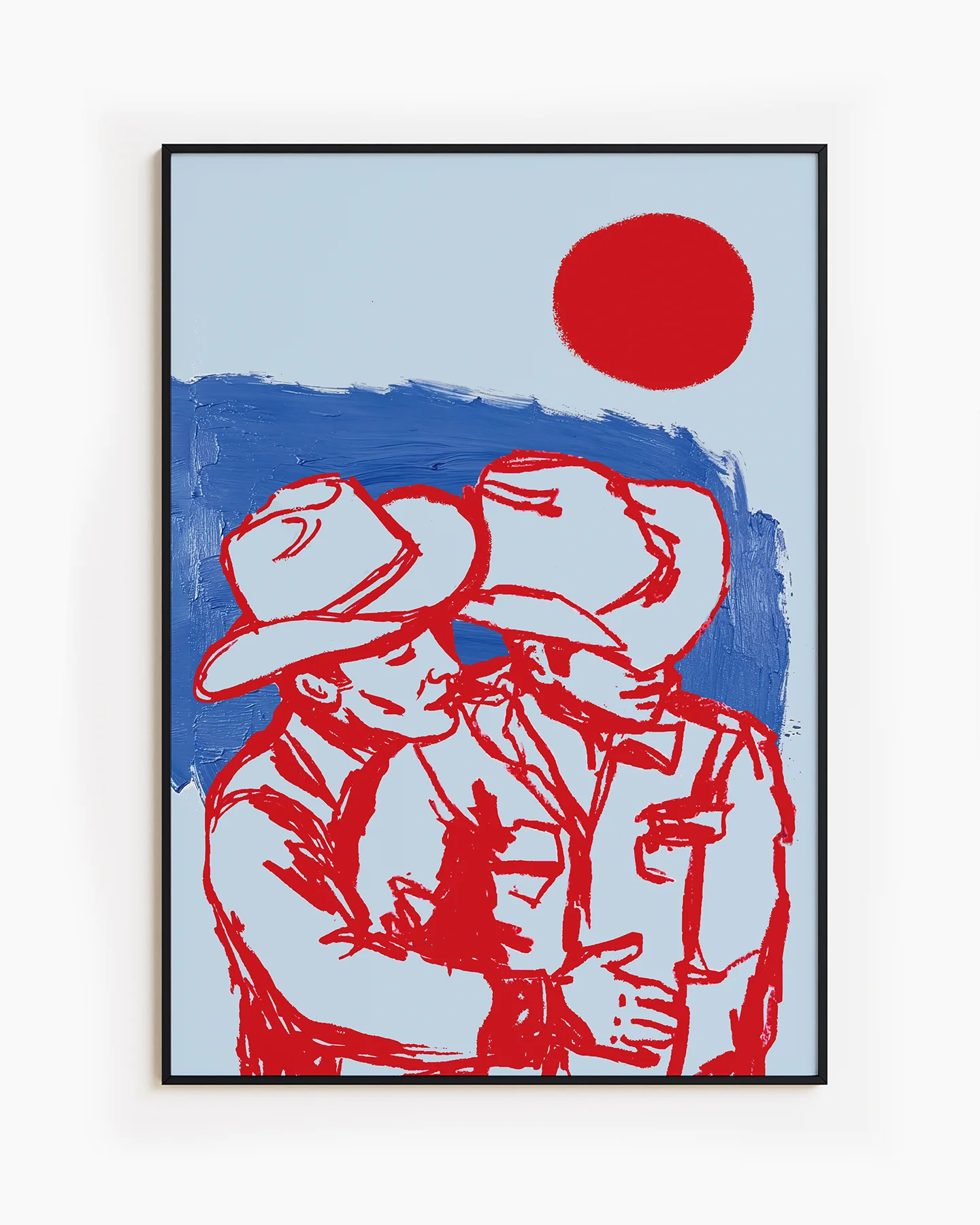 A poster with two gay cowboys hugging in front of a red sunset.