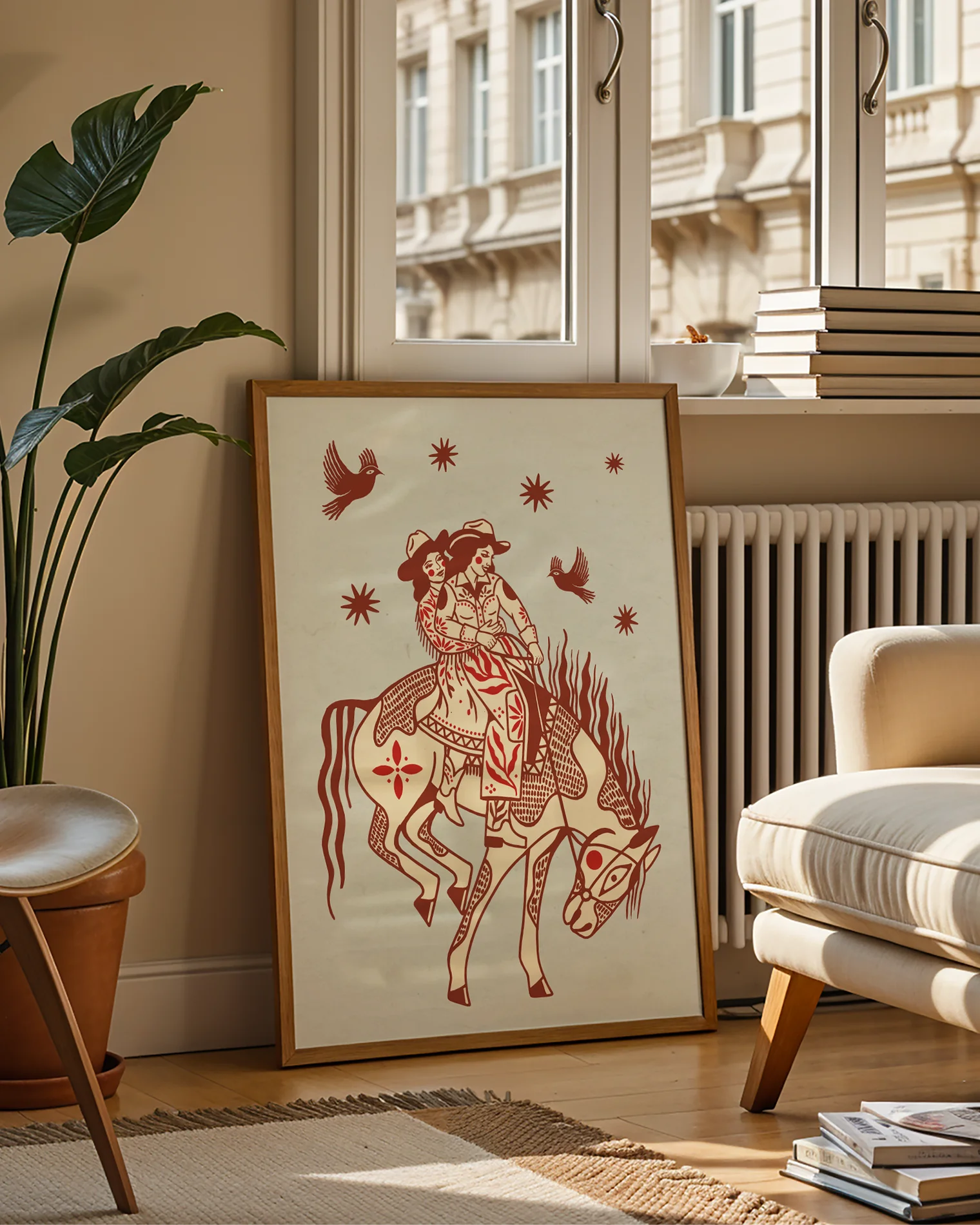 A poster with two lesbian cowgirls riding on a horse together.