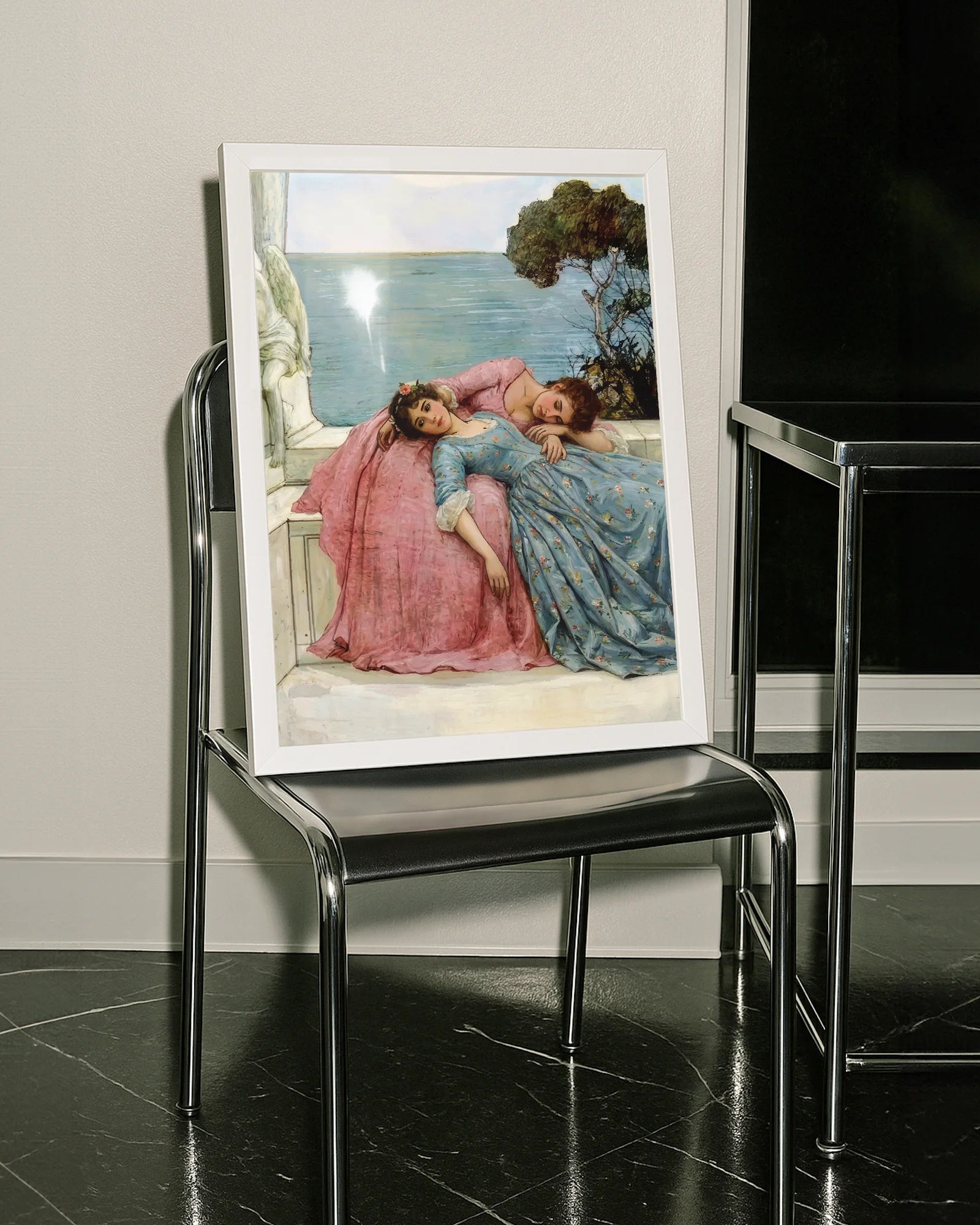 A framed poster with two sapphic ladies laying on each other in a park, victorian era, oil painting style.