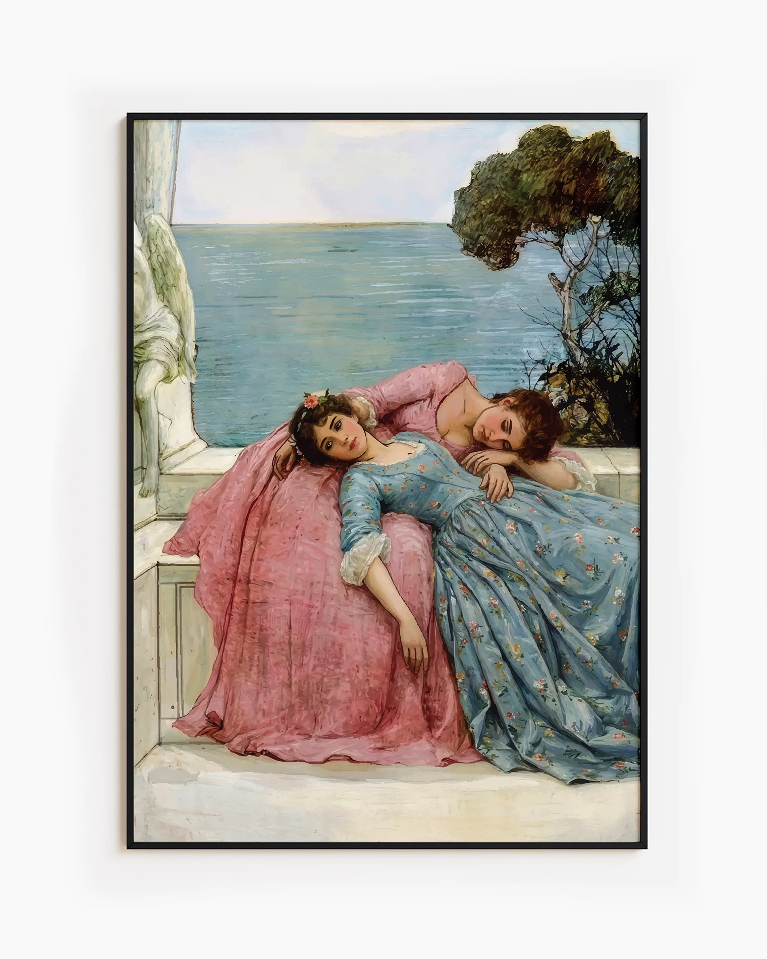 A framed poster with two sapphic ladies laying on each other in a park, victorian era, oil painting style.