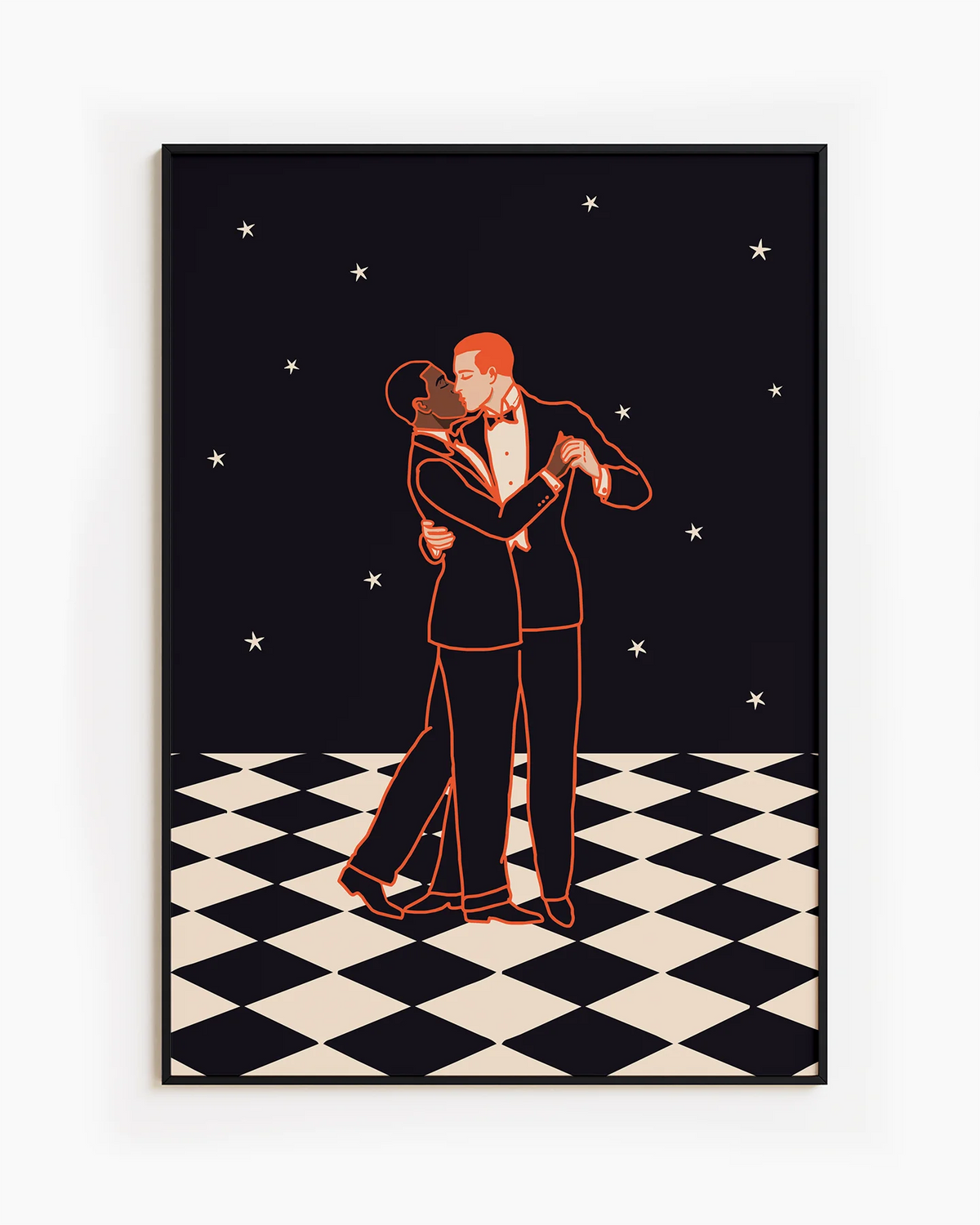 A poster of two men in dancing and kissing, 1930's style.