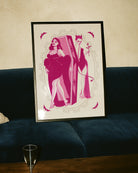 A poster with a female vampire stepping out from her coffin, while a female devil stands waiting behind, with a rose in hand. A romantic, mysterious, and intimate atmosphere.