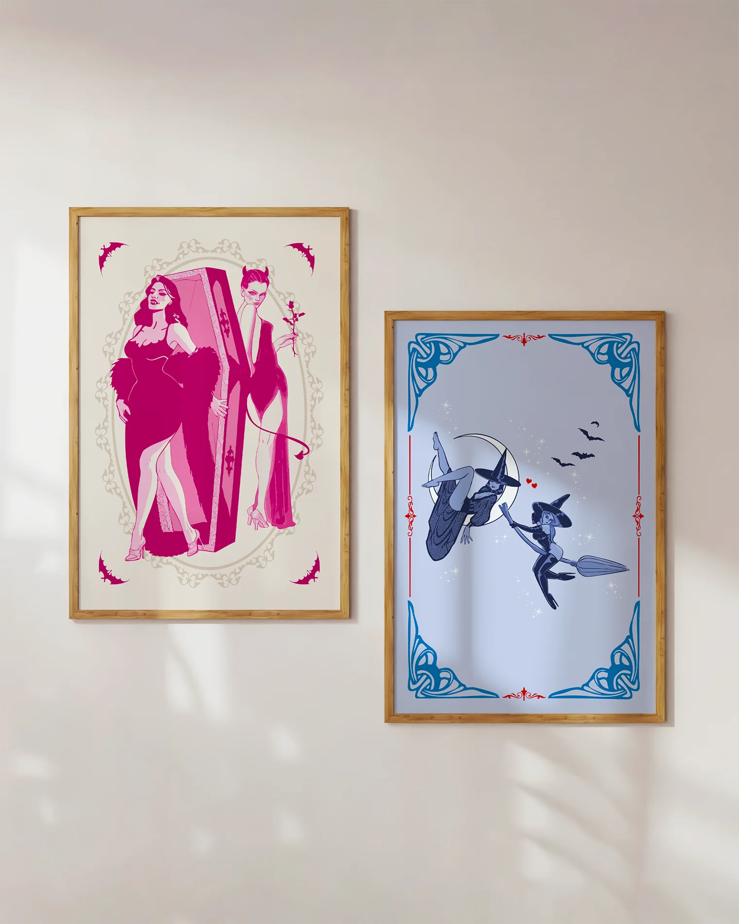 A poster with a female vampire stepping out from her coffin, while a female devil stands waiting behind, with a rose in hand. A romantic, mysterious, and intimate atmosphere.