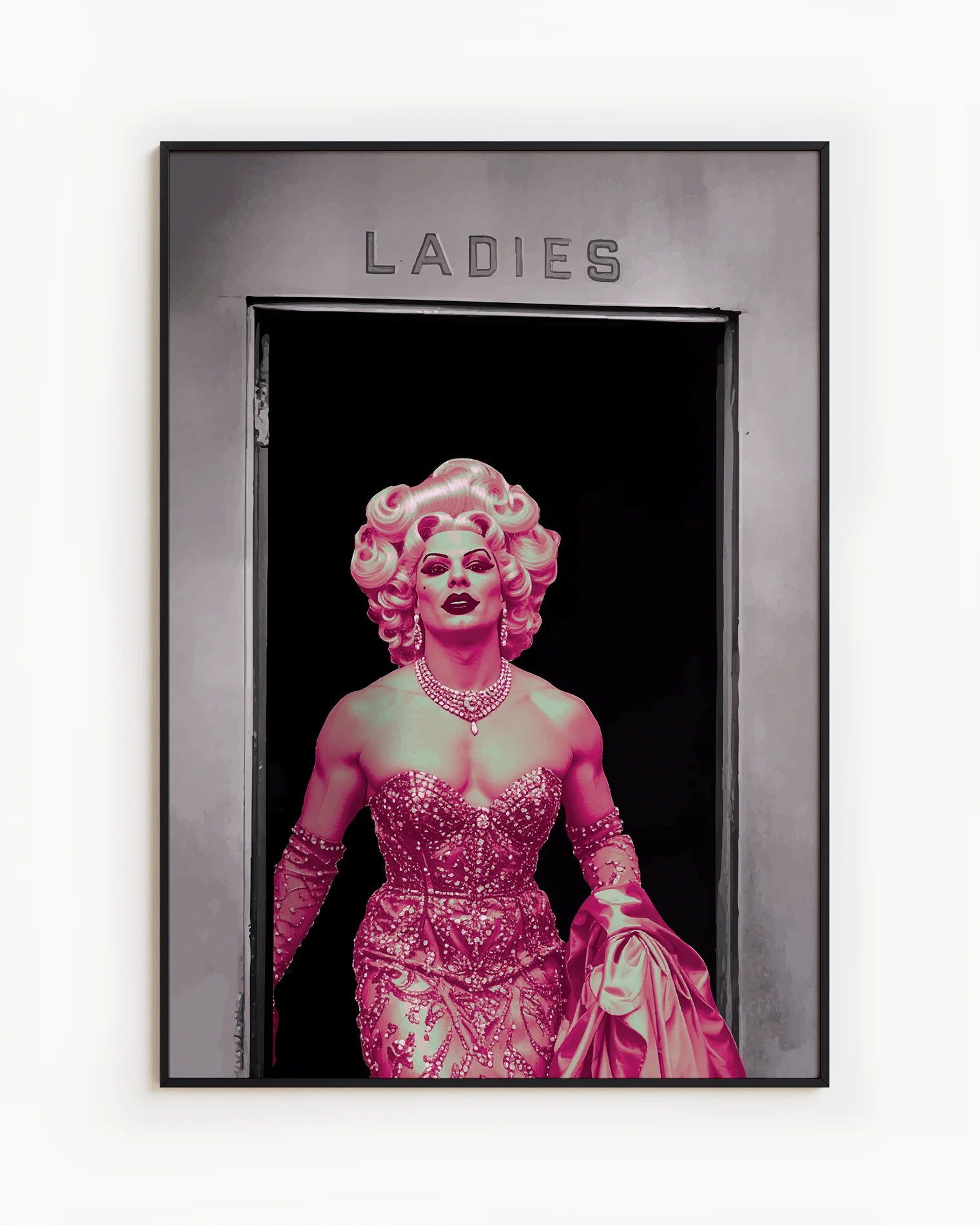 A poster with a muscular drag queen in a sparkling dress, full makeup, and wig, confidently strutting out of the ladies’ room.