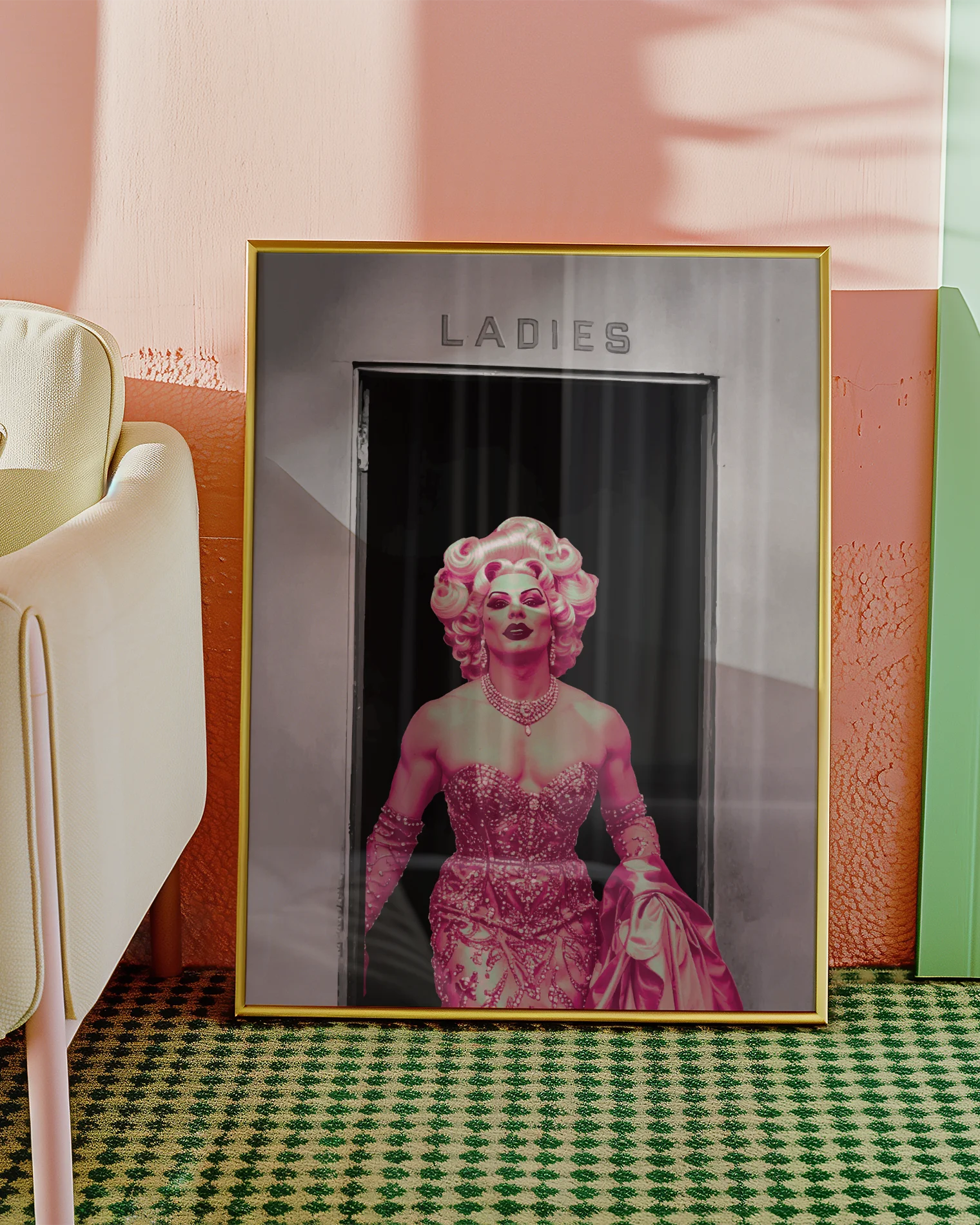 A poster with a muscular drag queen in a sparkling dress, full makeup, and wig, confidently strutting out of the ladies’ room.