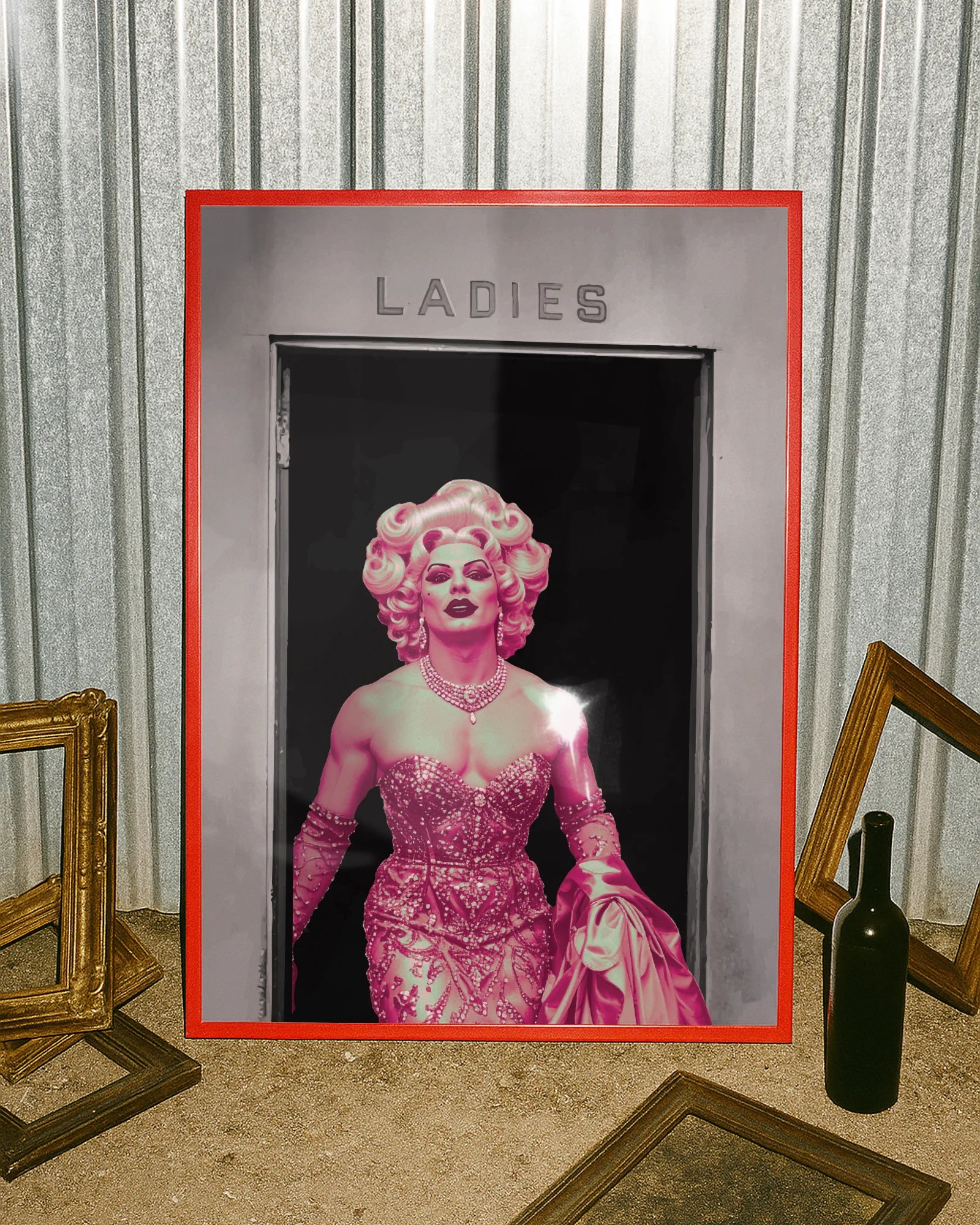 A poster with a muscular drag queen in a sparkling dress, full makeup, and wig, confidently strutting out of the ladies’ room.