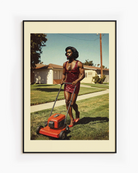A poster featuring a fabulous drag queen in a red, glittery dress, big wig, and full makeup, mowing the lawn. The background is a charming suburban neighborhood from the 1970s, with a warm, nostalgic retro vibe.