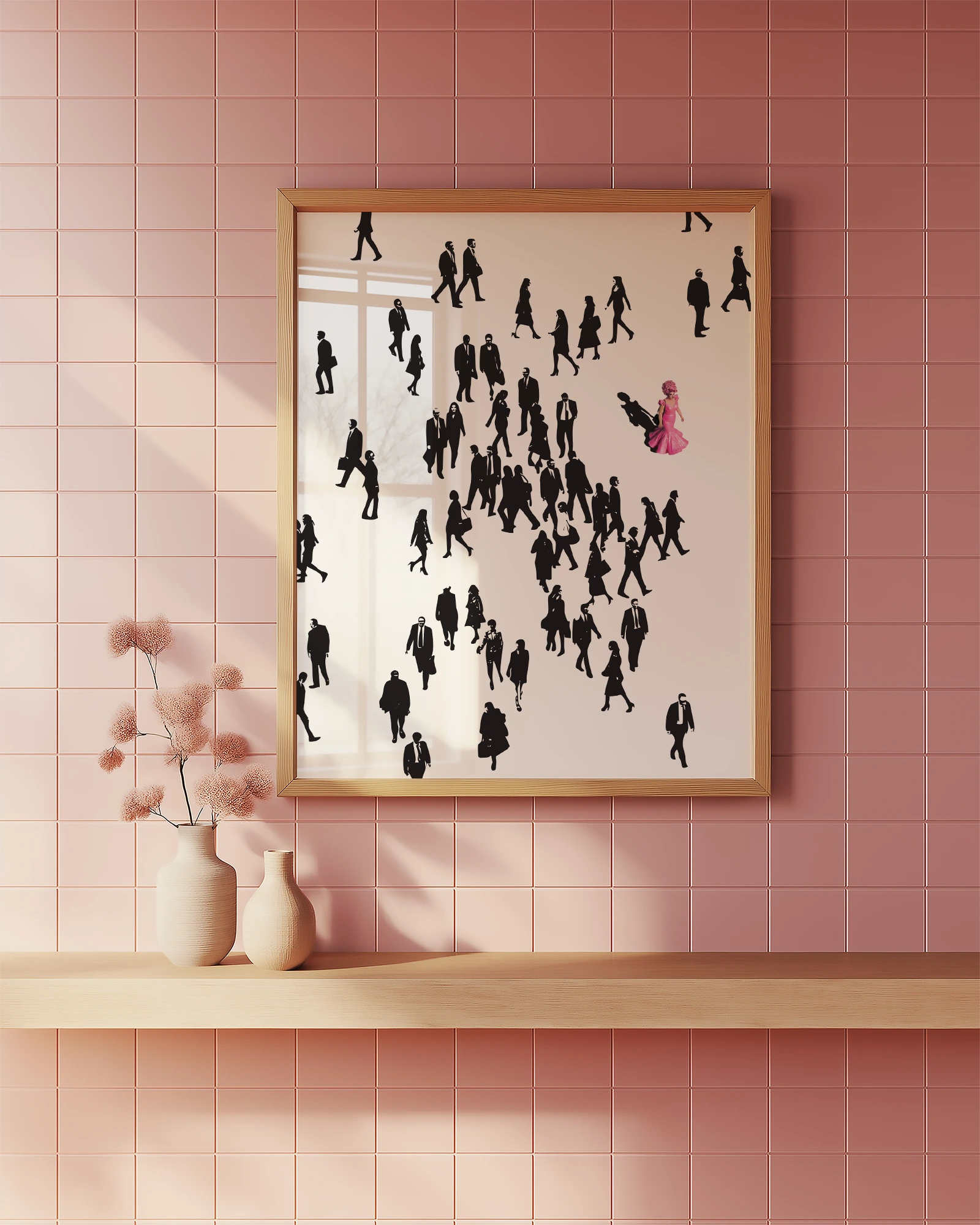 A poster showing a pink drag queen walking against a dull and dark crowd of people, on her way to work.