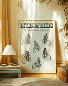 A poster featuring six lesbian women riding bicycles in a 1940s style, with the text: “DYKES ON BIKES” and “THE ORIGINAL LESBIAN HORSEPOWER.”