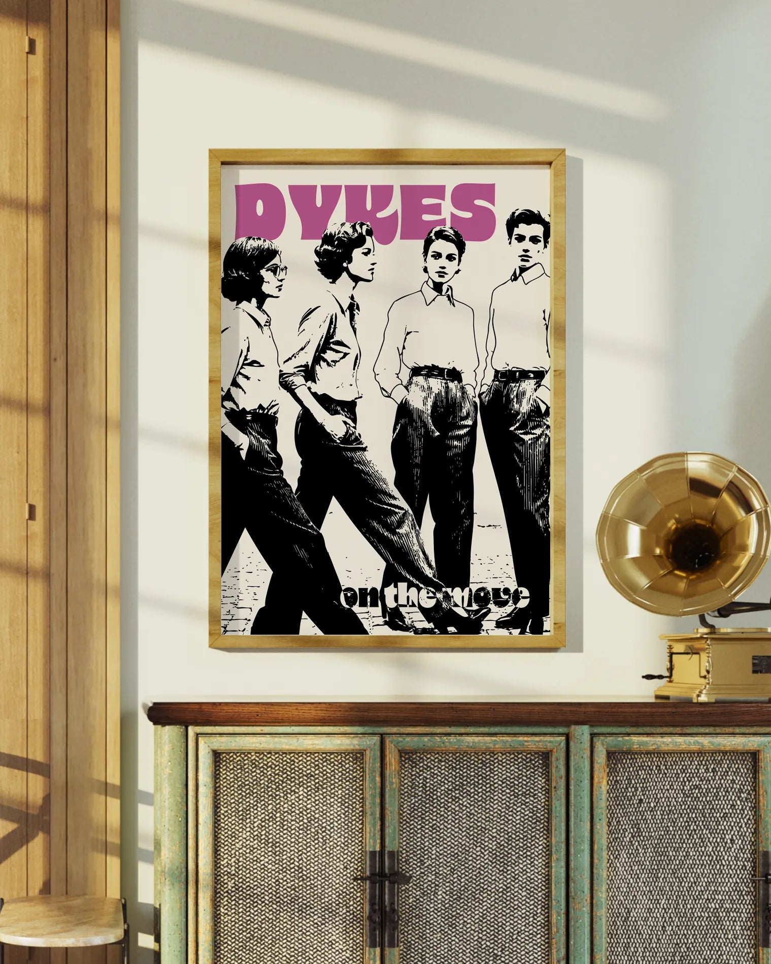 A print with four lesbian women with the text 'Dykes On The Move', in retro style.