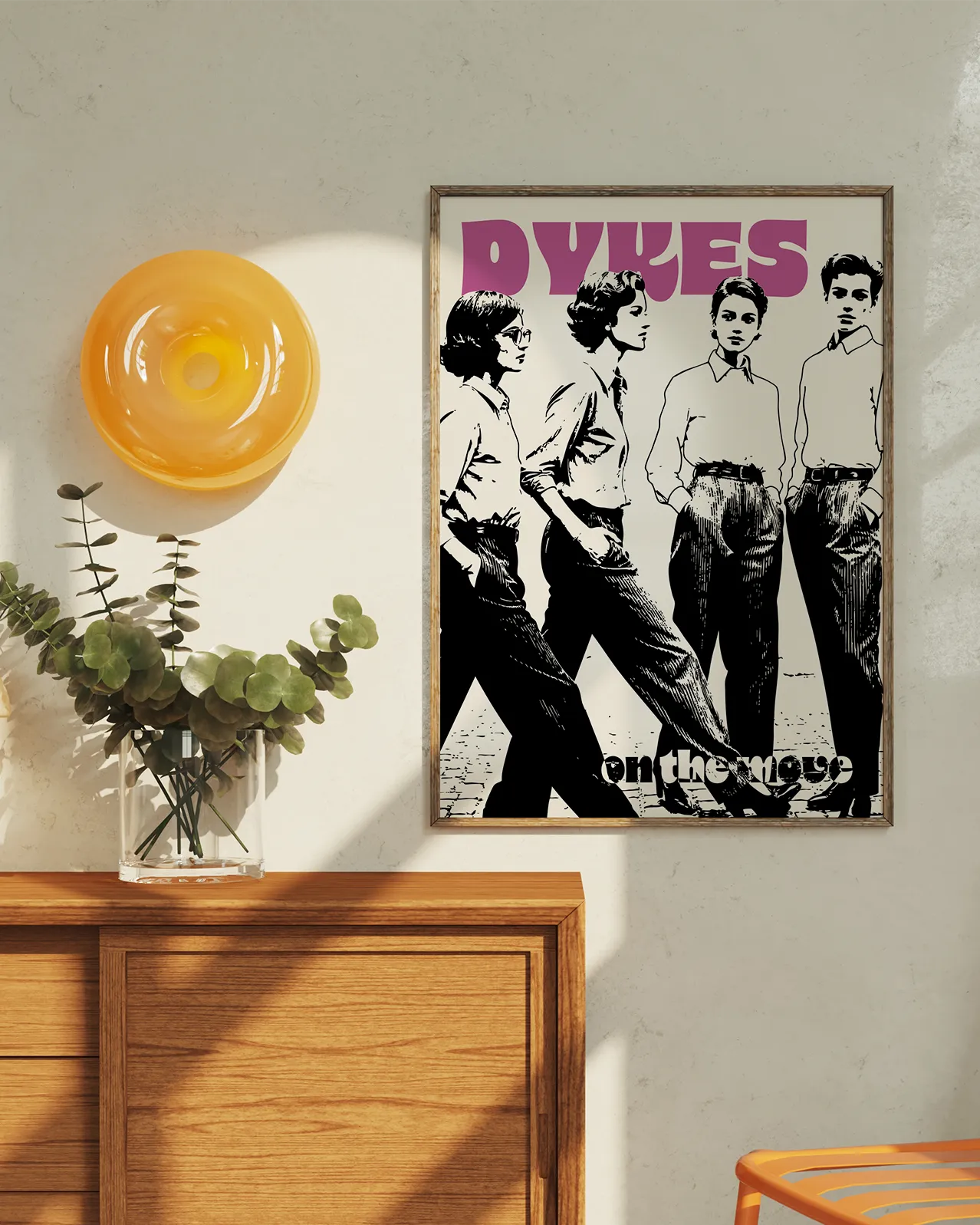 A print with four lesbian women with the text 'Dykes On The Move', in retro style.