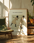A poster with a woman fencing a man, with the text: "EN GARDE, HETERO! DON'T FUCK WITH A DYKE."