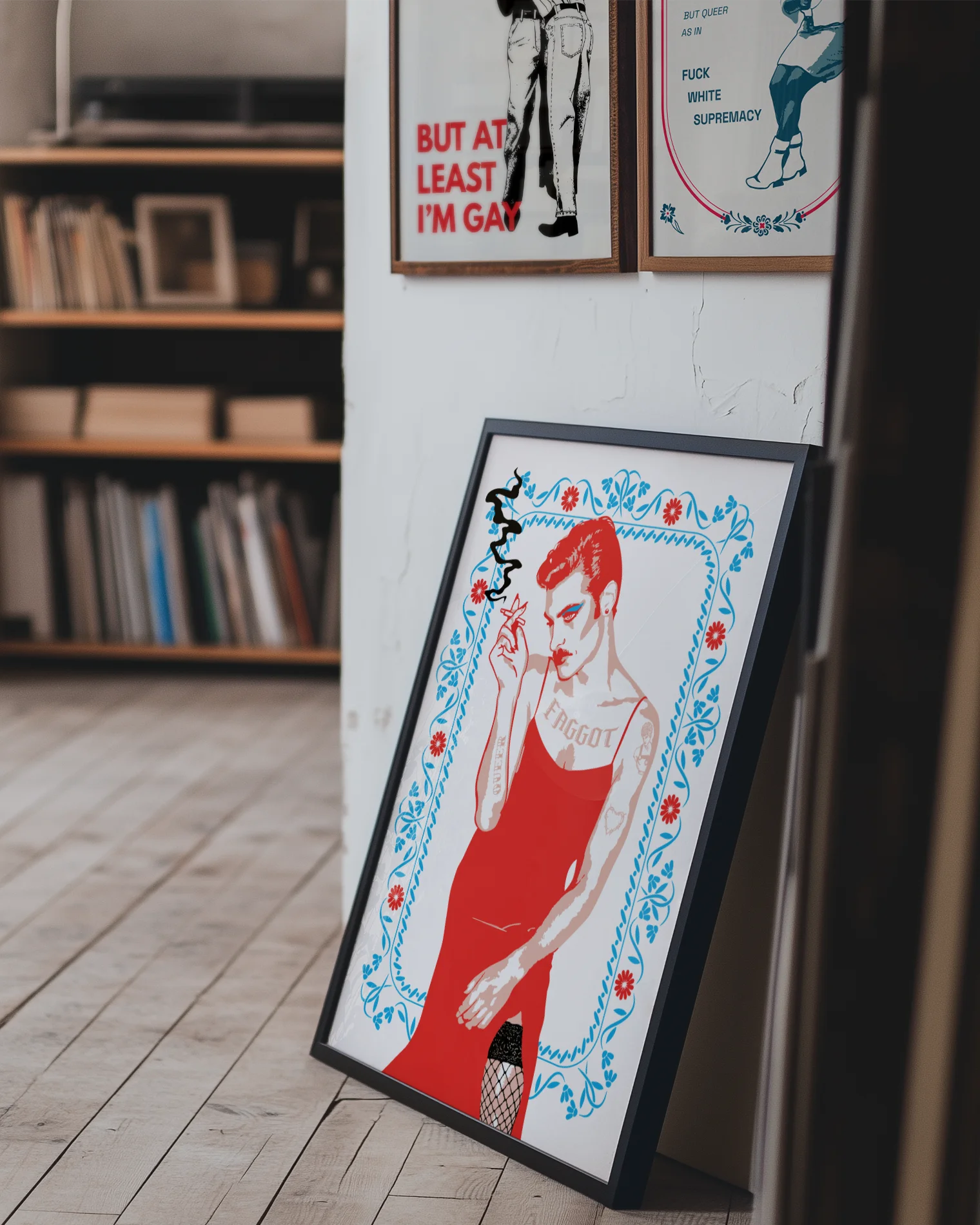 A poster with an illustrated, queer person smoking a cigarette, dressed in a red dress and heavy makeup.