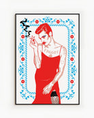 A poster with an illustrated, queer person smoking a cigarette, dressed in a red dress and heavy makeup.